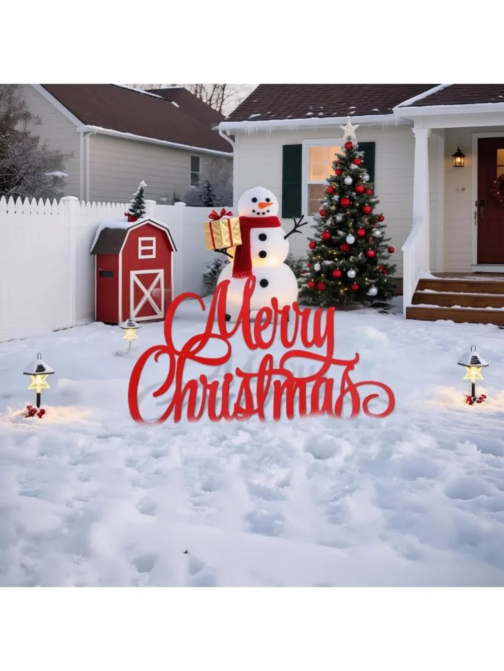35 Inch Red Merry Christmas Metal Wall Art - Outdoor Holiday Decor